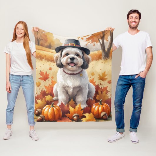 Lhasa Apso In Herfstbladeren Thanksgiving Kunst Fleece Deken (In situ)