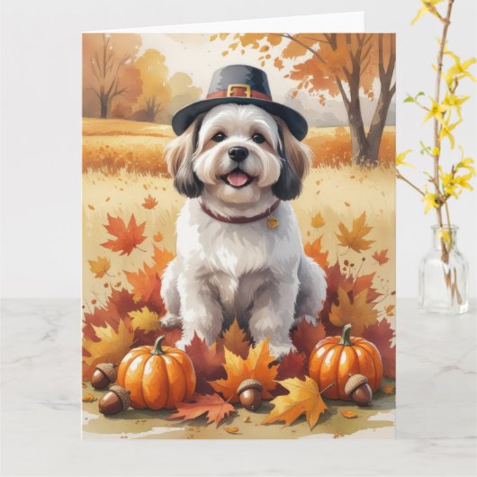 Lhasa Apso In Herfstbladeren Thanksgiving Kunst Kaart (Gele Bloem)