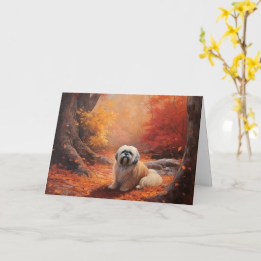 Lhasa Apso in herfstbladeren val inspireert Kaart (Gele Bloem)