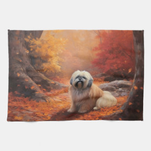 Lhasa Apso in herfstbladeren vallen inspireren Theedoek