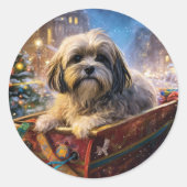 Lhasa Apso Kerst Feestelijke Periode Ronde Sticker (Voorkant)