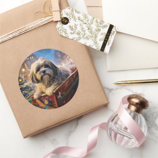 Lhasa Apso Kerst Feestelijke Periode Ronde Sticker (Geschenken)