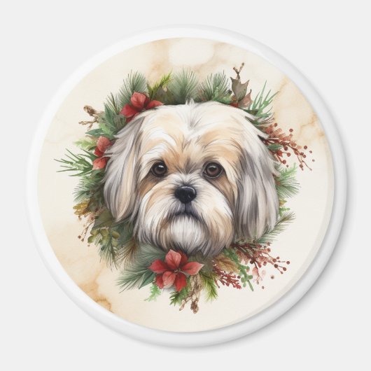 Lhasa Apso Kerst Krans Festieve Pup Magneet (Voorkant)