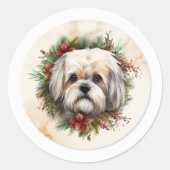 Lhasa Apso Kerst Krans Festieve Pup Ronde Sticker (Voorkant)