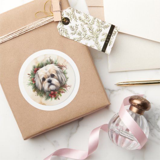 Lhasa Apso Kerst Krans Festieve Pup Ronde Sticker (Geschenken)