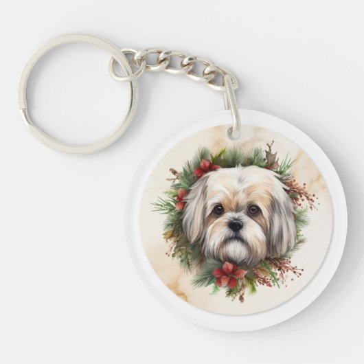 Lhasa Apso Kerst Krans Festieve Pup Sleutelhanger (Voorkant)