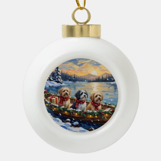 Lhasa Apso Kerstboot Vakantie Keramische Bal Ornament (Voorkant)