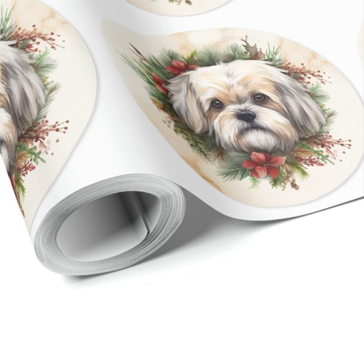 Lhasa Apso Kerstkrans feestelijke pup Cadeaupapier (Rol Hoek)