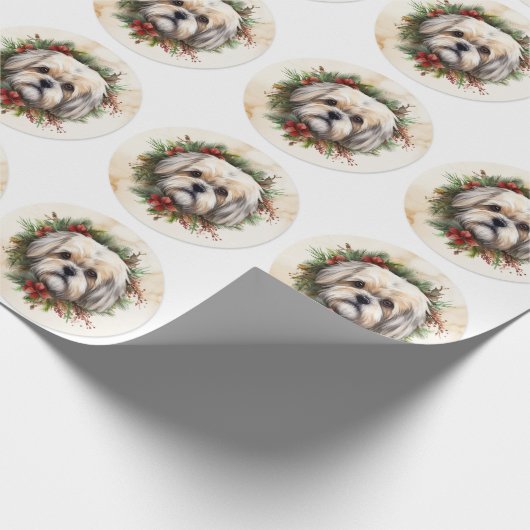 Lhasa Apso Kerstkrans feestelijke pup Cadeaupapier (Hoek)
