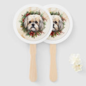 Lhasa Apso Kerstkrans feestelijke pup Handwaaier (Voorkant en achterkant)