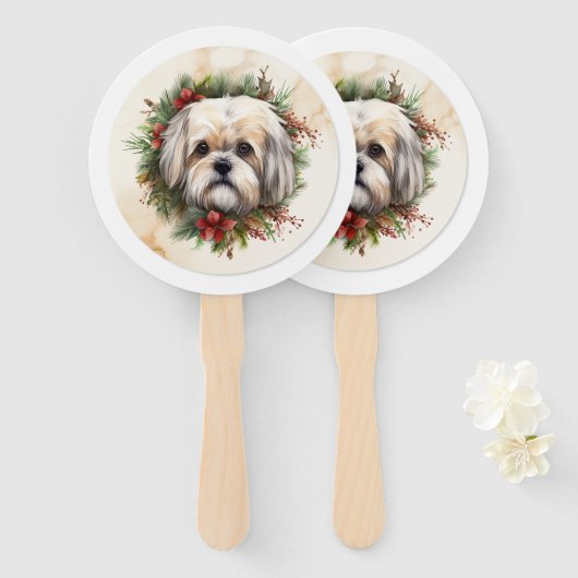 Lhasa Apso Kerstkrans feestelijke pup Handwaaier (Voorkant en achterkant)