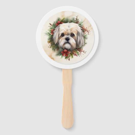 Lhasa Apso Kerstkrans feestelijke pup Handwaaier (Voorkant)