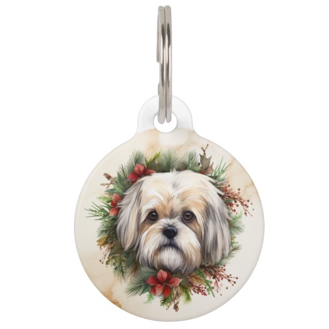 Lhasa Apso Kerstkrans feestelijke pup Huisdierpenning (Voorkant)