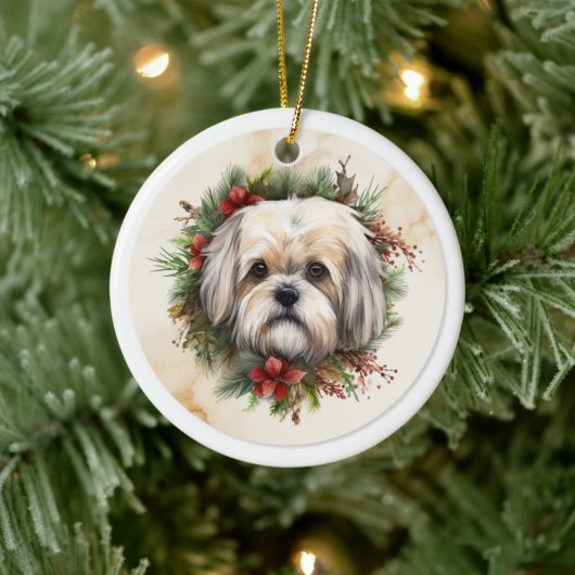 Lhasa Apso Kerstkrans feestelijke pup Keramisch Ornament (Boom)