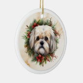 Lhasa Apso Kerstkrans feestelijke pup Keramisch Ornament (Rechts)