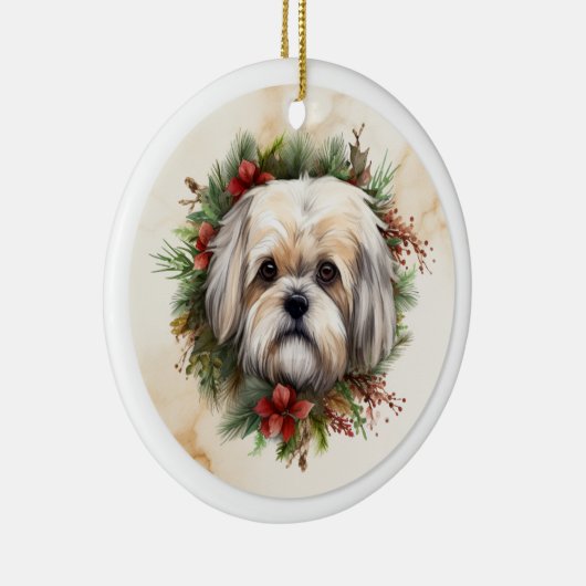 Lhasa Apso Kerstkrans feestelijke pup Keramisch Ornament (Rechts)