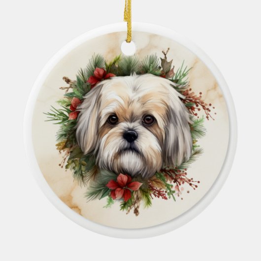 Lhasa Apso Kerstkrans feestelijke pup Keramisch Ornament (Achterkant)