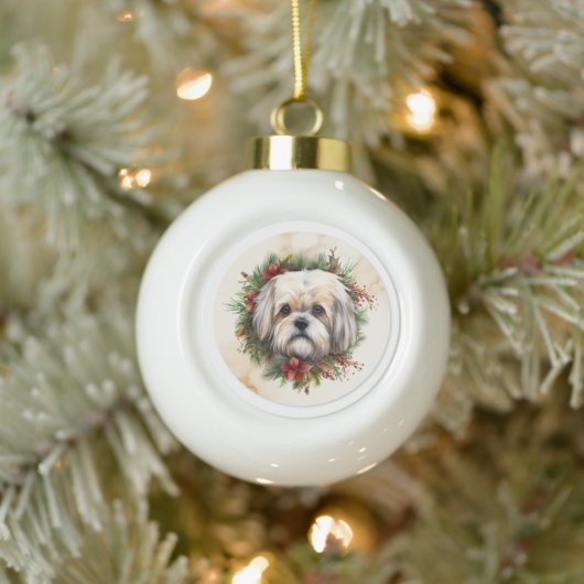 Lhasa Apso Kerstkrans feestelijke pup Keramische Bal Ornament (Boom)
