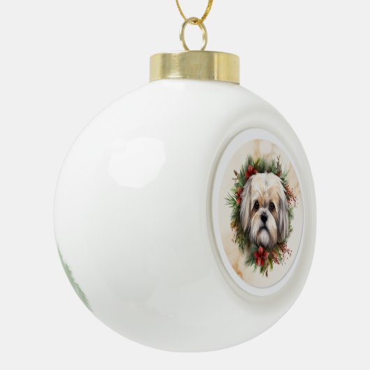 Lhasa Apso Kerstkrans feestelijke pup Keramische Bal Ornament (Links)