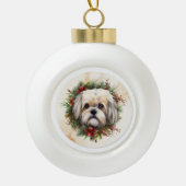 Lhasa Apso Kerstkrans feestelijke pup Keramische Bal Ornament (Voorkant)