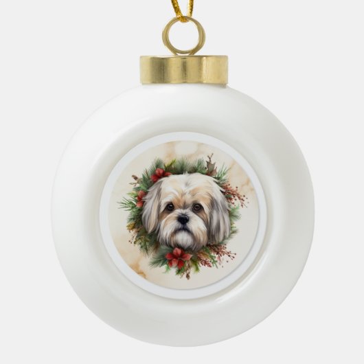 Lhasa Apso Kerstkrans feestelijke pup Keramische Bal Ornament (Voorkant)