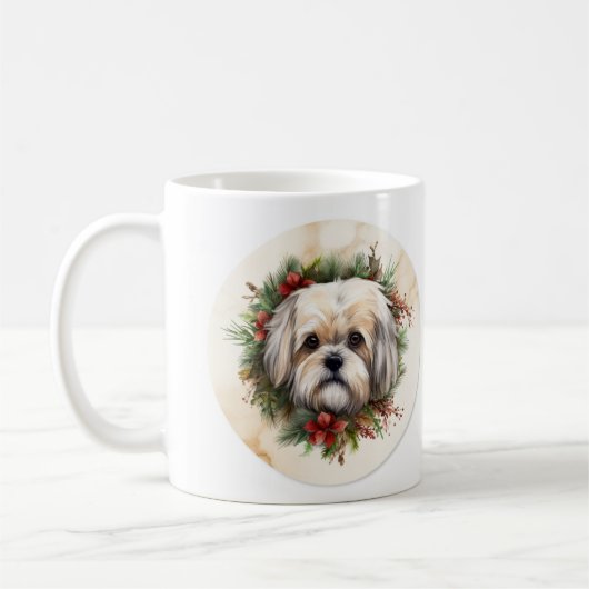 Lhasa Apso Kerstkrans feestelijke pup Koffiemok (Links)