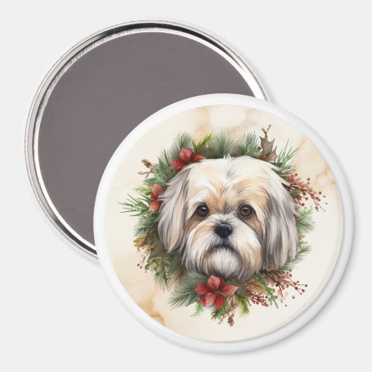 Lhasa Apso Kerstkrans feestelijke pup Magneet (Voorkant / Achterkant)