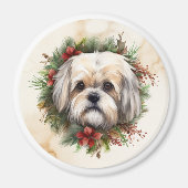 Lhasa Apso Kerstkrans feestelijke pup Magneet (Voorkant)