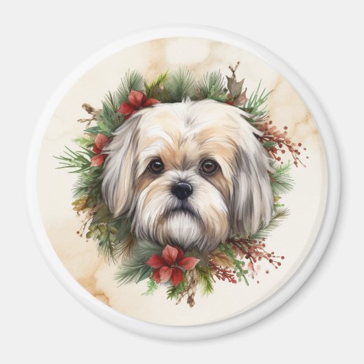 Lhasa Apso Kerstkrans feestelijke pup Magneet (Voorkant)
