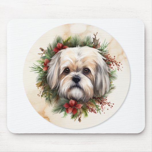Lhasa Apso Kerstkrans feestelijke pup Muismat (Voorkant)