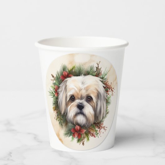 Lhasa Apso Kerstkrans feestelijke pup Papieren Bekers (Voorkant)