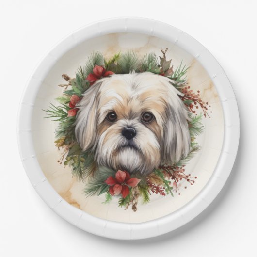 Lhasa Apso Kerstkrans feestelijke pup Papieren Bordje (Voorkant)