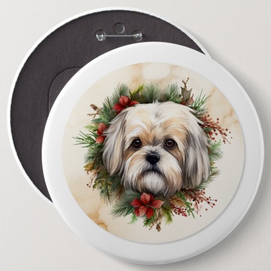 Lhasa Apso Kerstkrans feestelijke pup Ronde Button 6,0 Cm (Voorkant /achterkant)