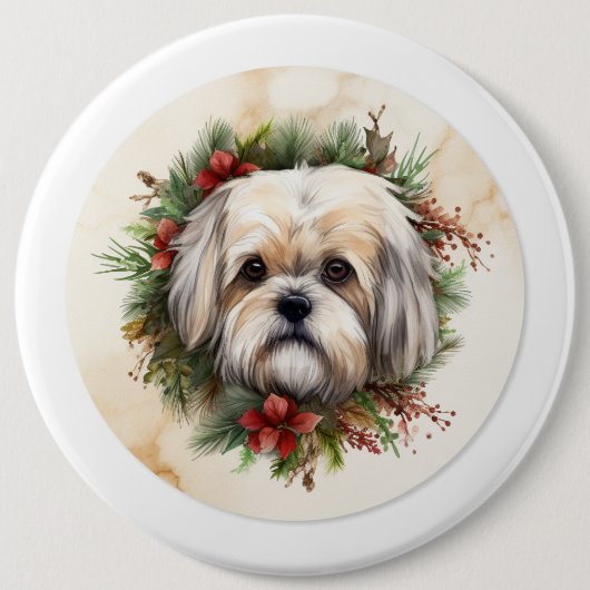 Lhasa Apso Kerstkrans feestelijke pup Ronde Button 6,0 Cm (Voorkant)
