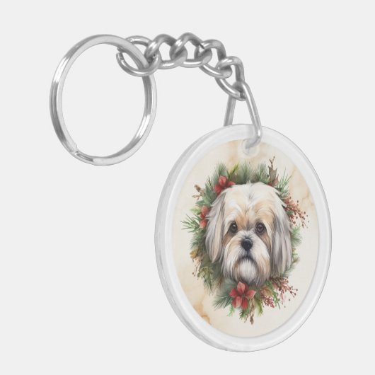 Lhasa Apso Kerstkrans feestelijke pup Sleutelhanger (Voorkant Links)
