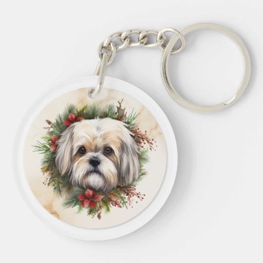 Lhasa Apso Kerstkrans feestelijke pup Sleutelhanger (Achterkant)