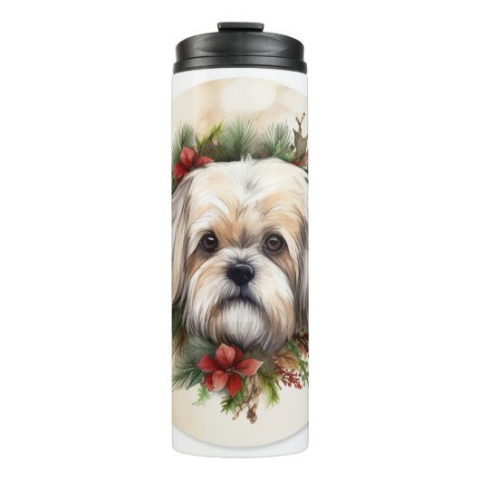 Lhasa Apso Kerstkrans feestelijke pup Thermosbeker (Voorkant)