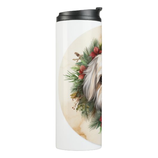 Lhasa Apso Kerstkrans feestelijke pup Thermosbeker (Gedraaid links)