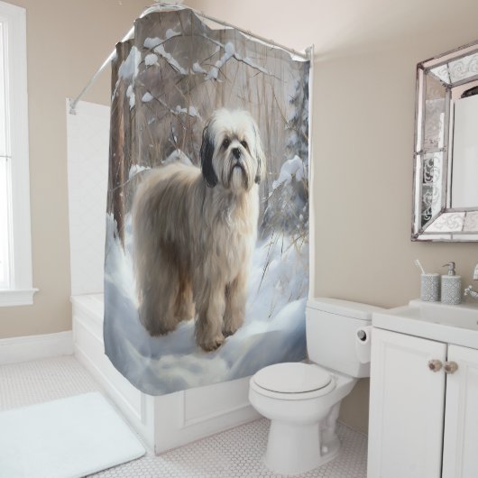 Lhasa Apso Laat het Sneeuwen Kerstmis Douchegordijn (In situ)