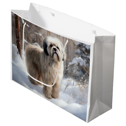 Lhasa Apso Laat het Sneeuwen Kerstmis Groot Cadeauzakje (Voorkant Gekanteld)