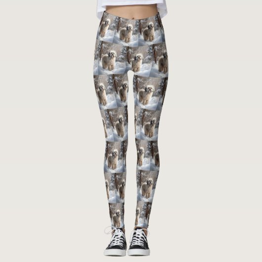 Lhasa Apso Laat het Sneeuwen Kerstmis Leggings (Voorkant)