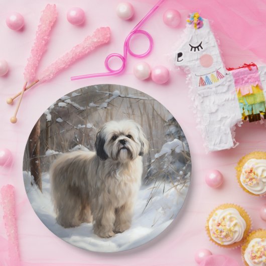 Lhasa Apso Laat het Sneeuwen Kerstmis Papieren Bordje (Feest)