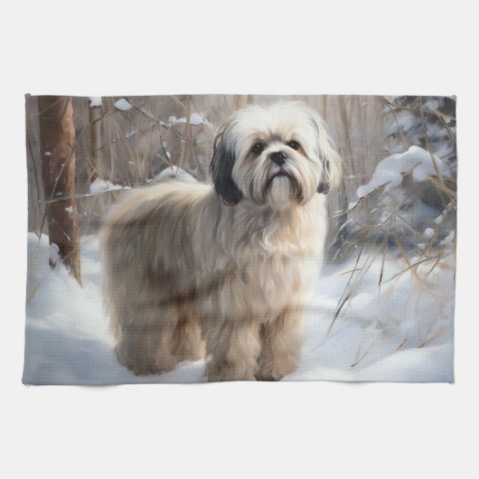 Lhasa Apso Laat het Sneeuwen Kerstmis Theedoek (Horizontaal)