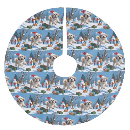 Lhasa Apso loopt in de sneeuw met kerst Pet Kerstboom Rok (Voorkant)