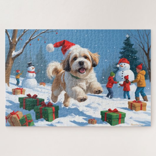 Lhasa Apso loopt in de sneeuw met kerstmuts Legpuzzel (Horizontaal)
