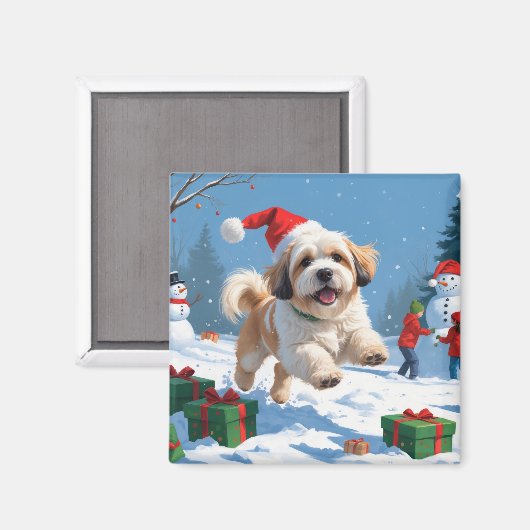 Lhasa Apso loopt in de sneeuw met kerstmuts Magneet (Voorkant / Achterkant)