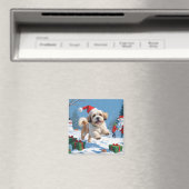 Lhasa Apso loopt in de sneeuw met kerstmuts Magneet (Insitu (Vaatwasser))