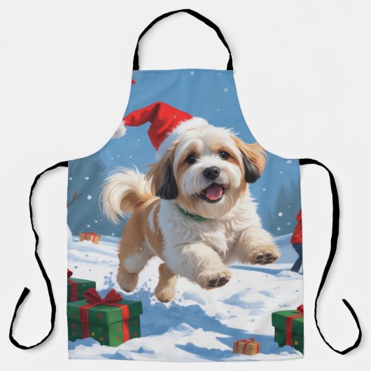 Lhasa Apso loopt in de sneeuw met kerstmuts Schort (Voorkant)