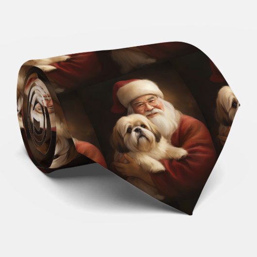 Lhasa Apso met kerstman Festieve Kerst  Stropdas (Opgerold)
