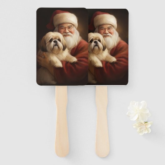 Lhasa Apso met Kerstman Festive Kerstmis Handwaaier (Voorkant en achterkant)